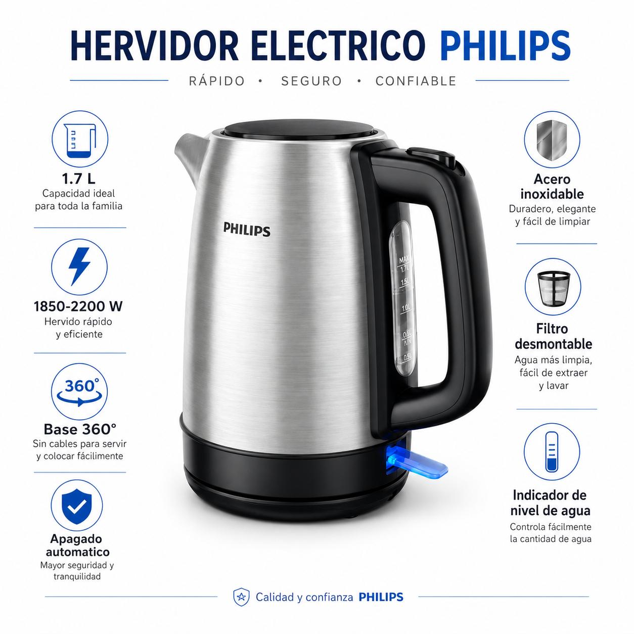 Hervidor Philips 1.7L Acero Inoxidable Base Giratoria 360°