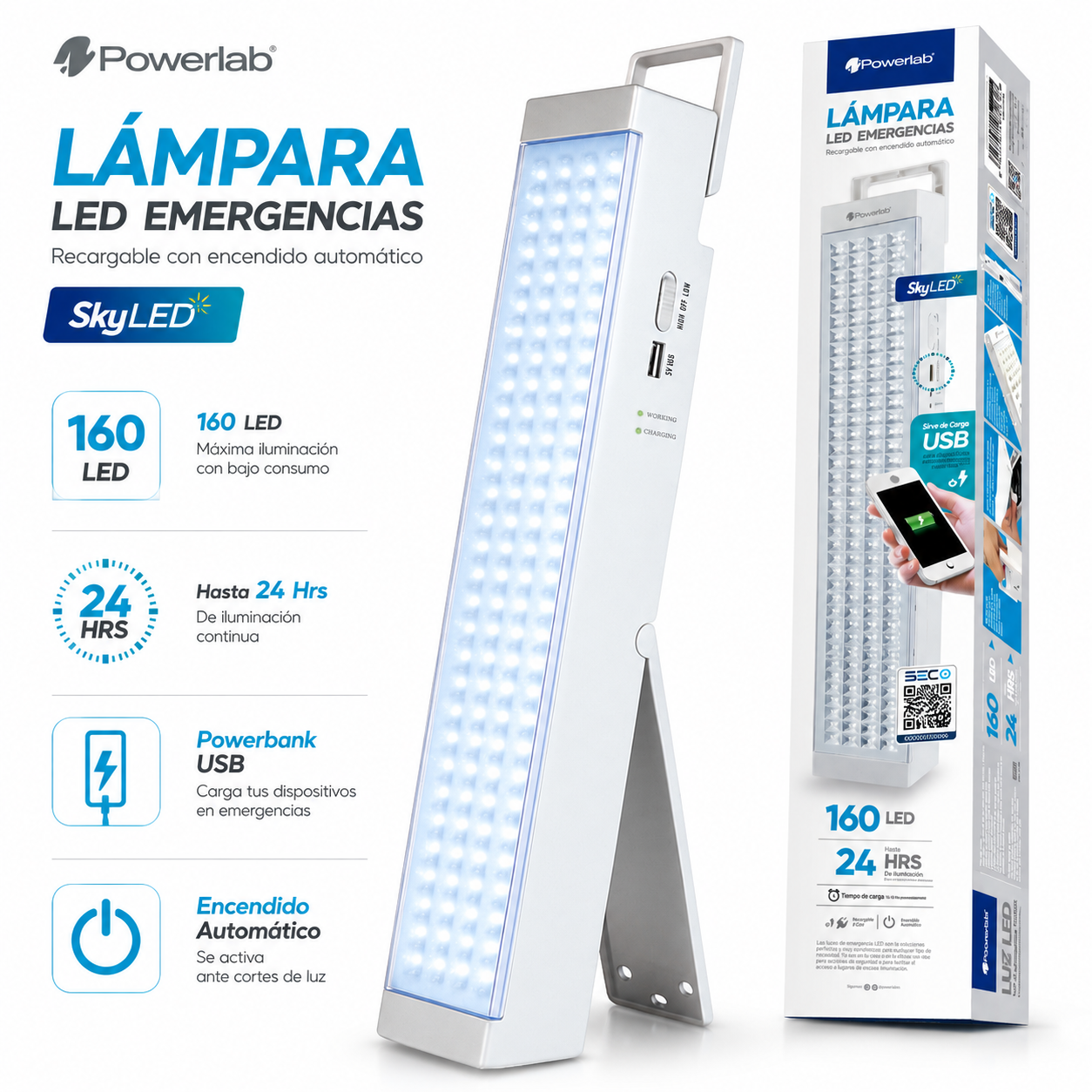 Lampara de Emergencia Recargable 160 LED 24Hrs con Powerbank