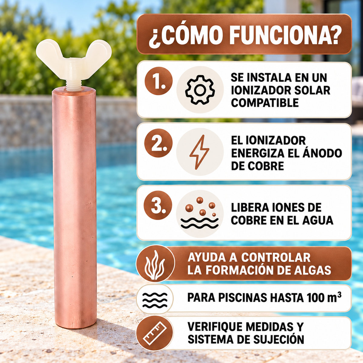 Repuesto de Cobre para Ionizador de Piscina 105x18mm Hasta 100m3 / 230g