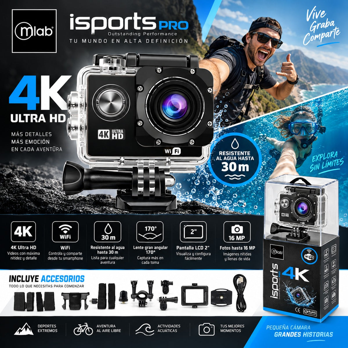 Cámara Deportiva 4K Waterproof Ultra HD ISPORT Wifi - 8962