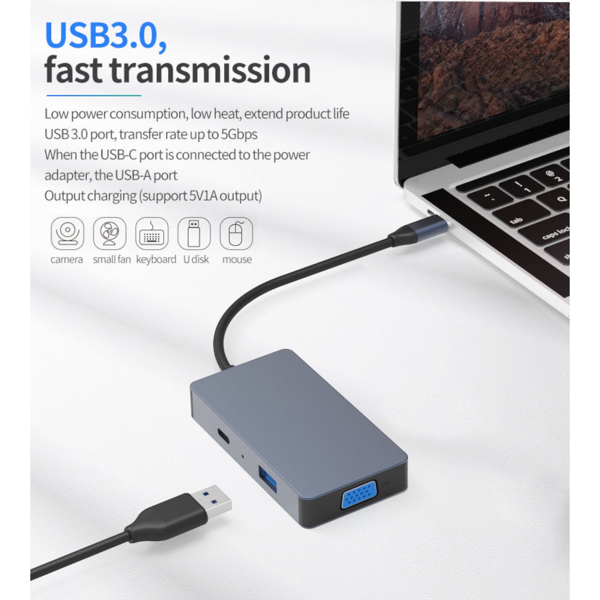 Hub Adaptador Type-C (5en1) 4K HDMI X2/ VGA/ Type-C/ USB 3.0