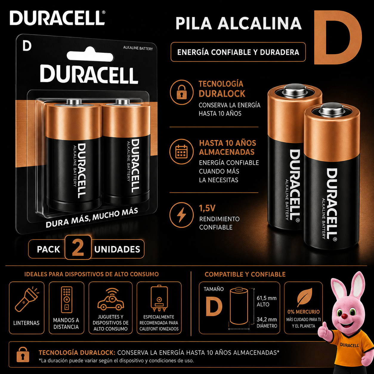 Pila Duracell D Alcalina Extra Duración