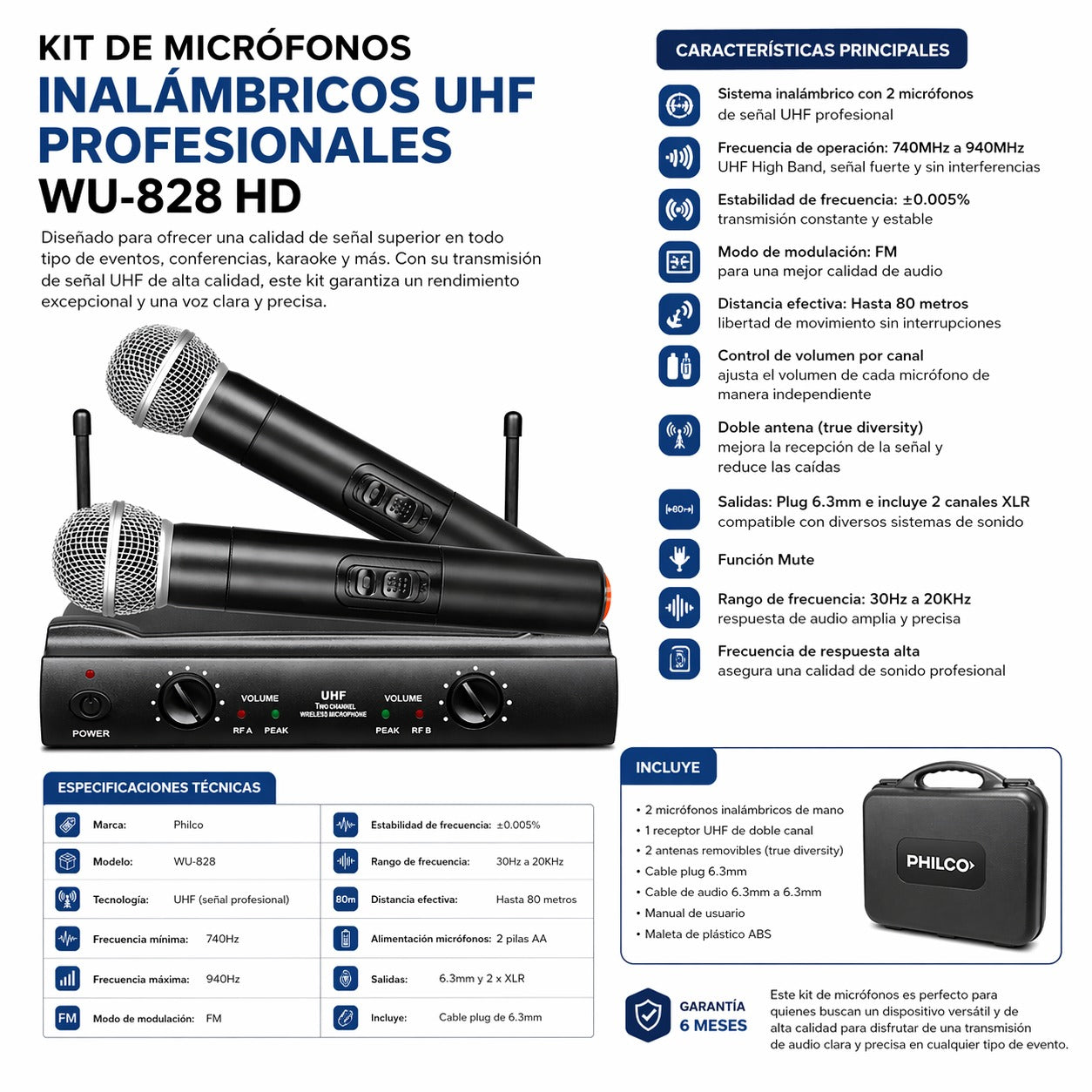 Kit de Micrófonos Inalámbricos UHF Profesionales WU-828 HD