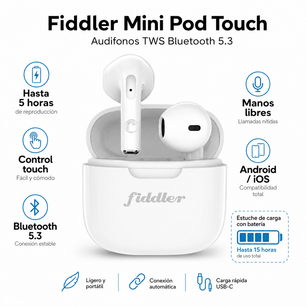 Audífonos Fiddler Minipod Bluetooth Touch Autonomía de 5Hrs