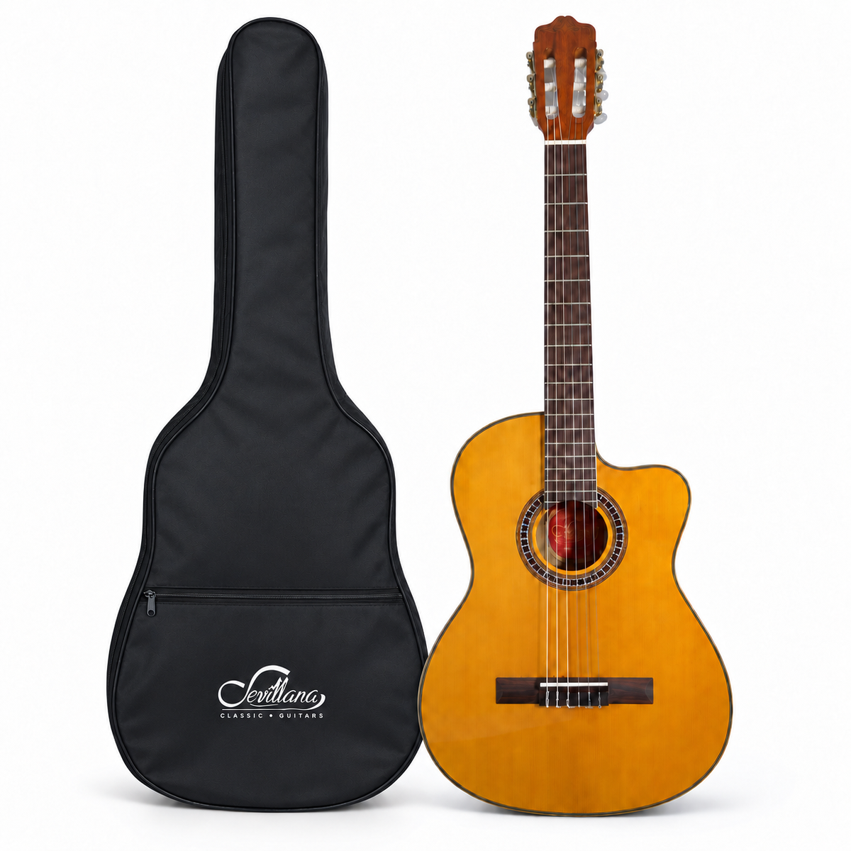 Guitarra Electroacústica Sevillana Cutaway Ultra Delgada Natural con Ecualizador y Funda