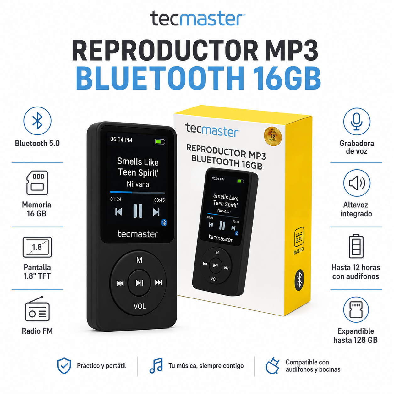 Reproductor MP3 16GB Bluetooth 5.0 Tecmaster TM-300523 Negro