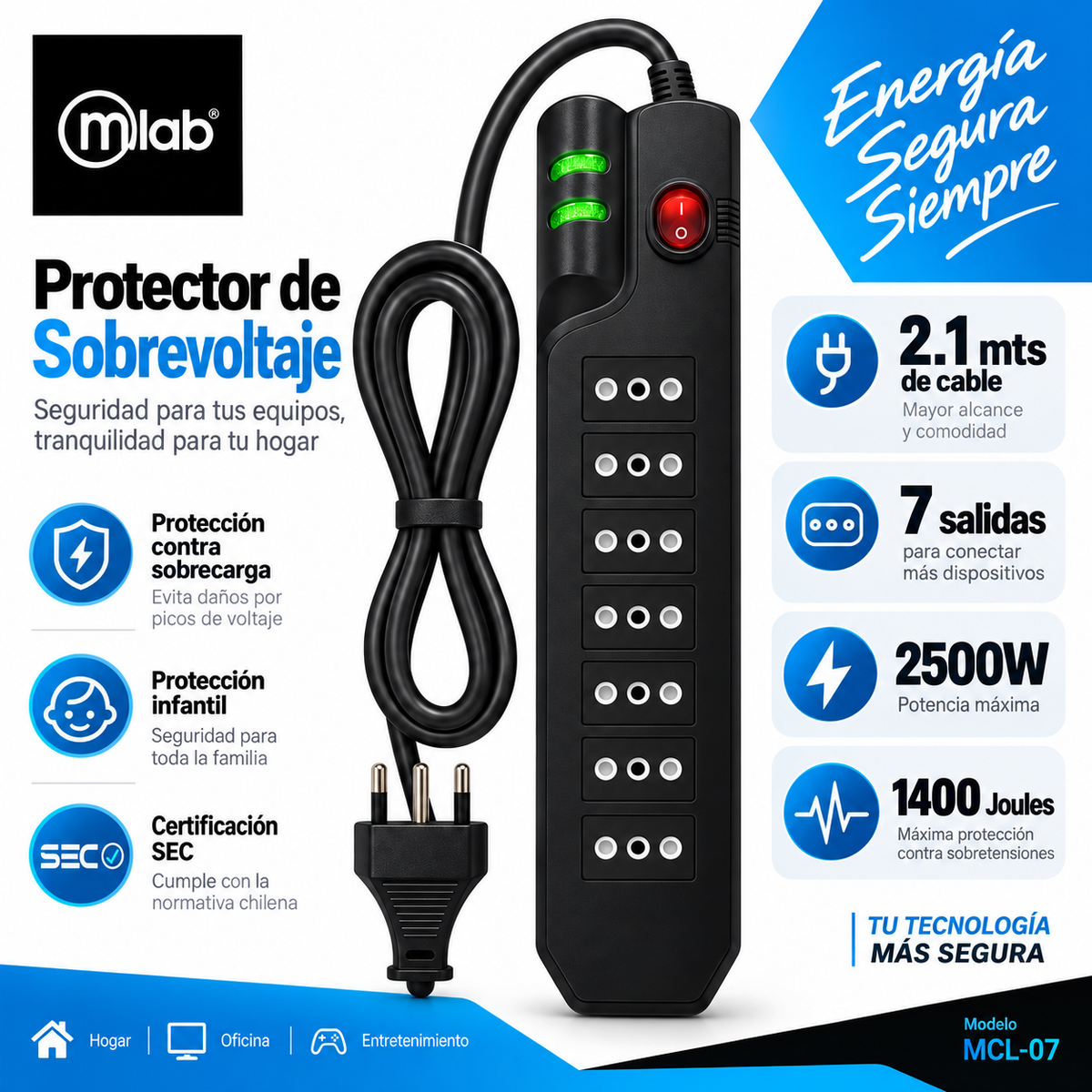 Alargador 2.1MTS 7 Salidas con Proteciónde Voltaje 2500W SEC