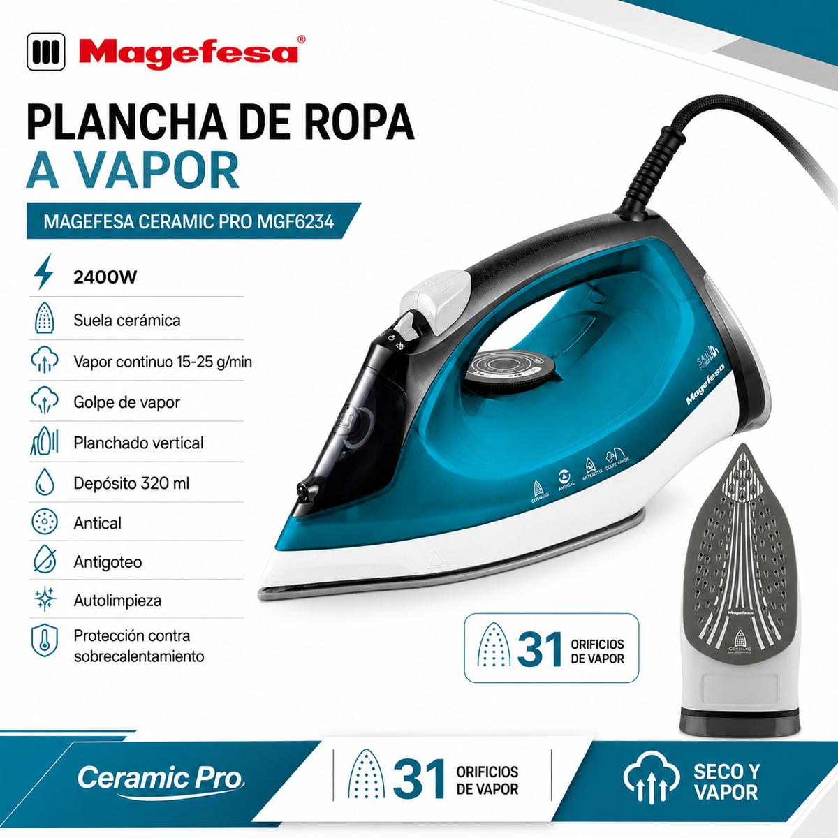 Plancha de Ropa con Vaporizador Continuo Ceramic Pro MGF6234
