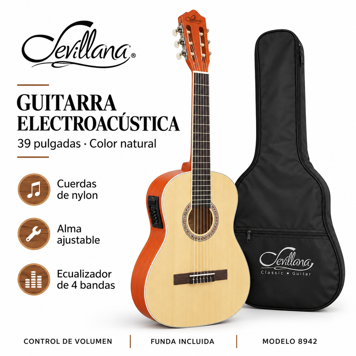 Guitarra Electroacústica Sevillana 39” Ultra Delgada Con Alma Ajustable y Funda