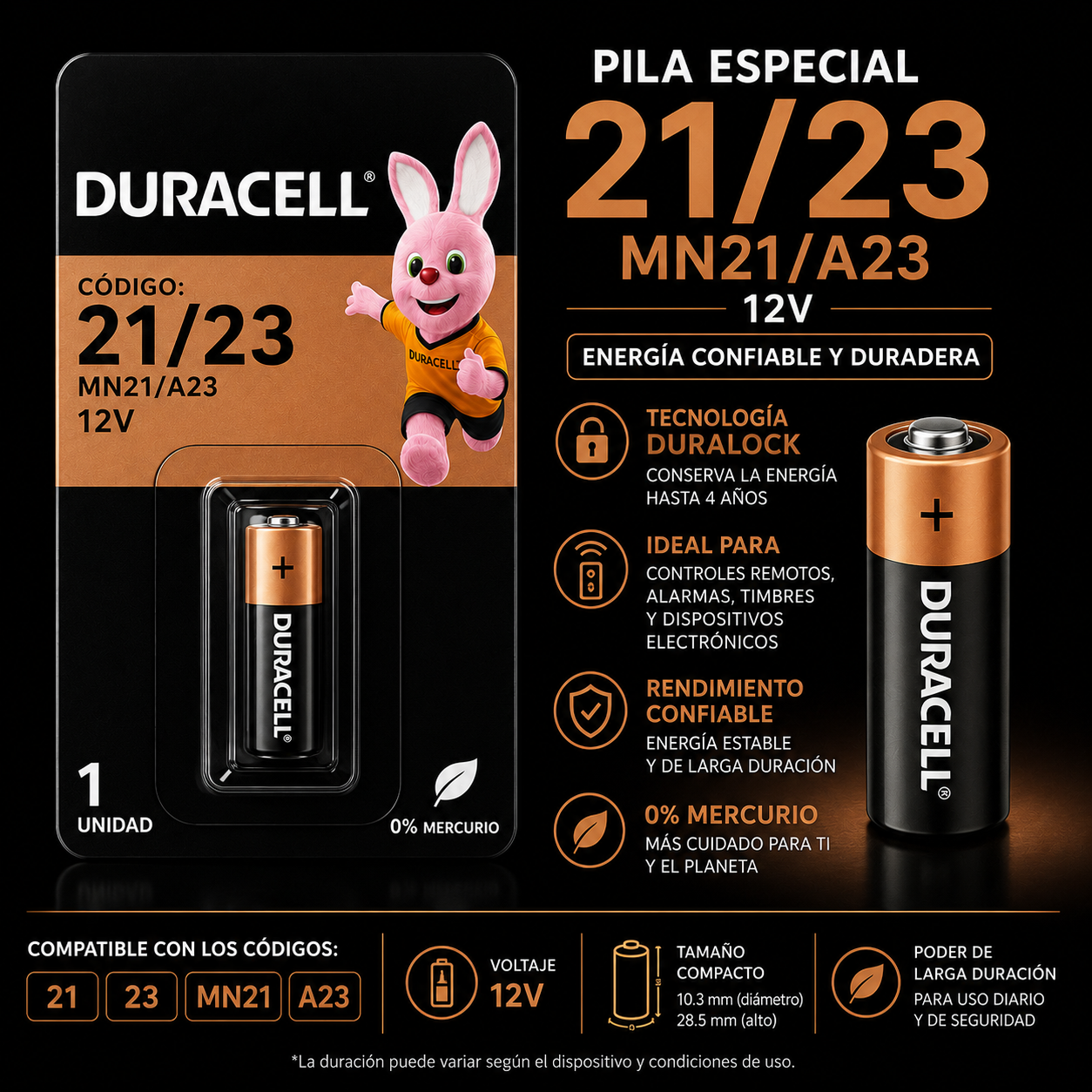 Pila Duracell Especial 23 / 21 / MN21 / A23 Duralock 12V