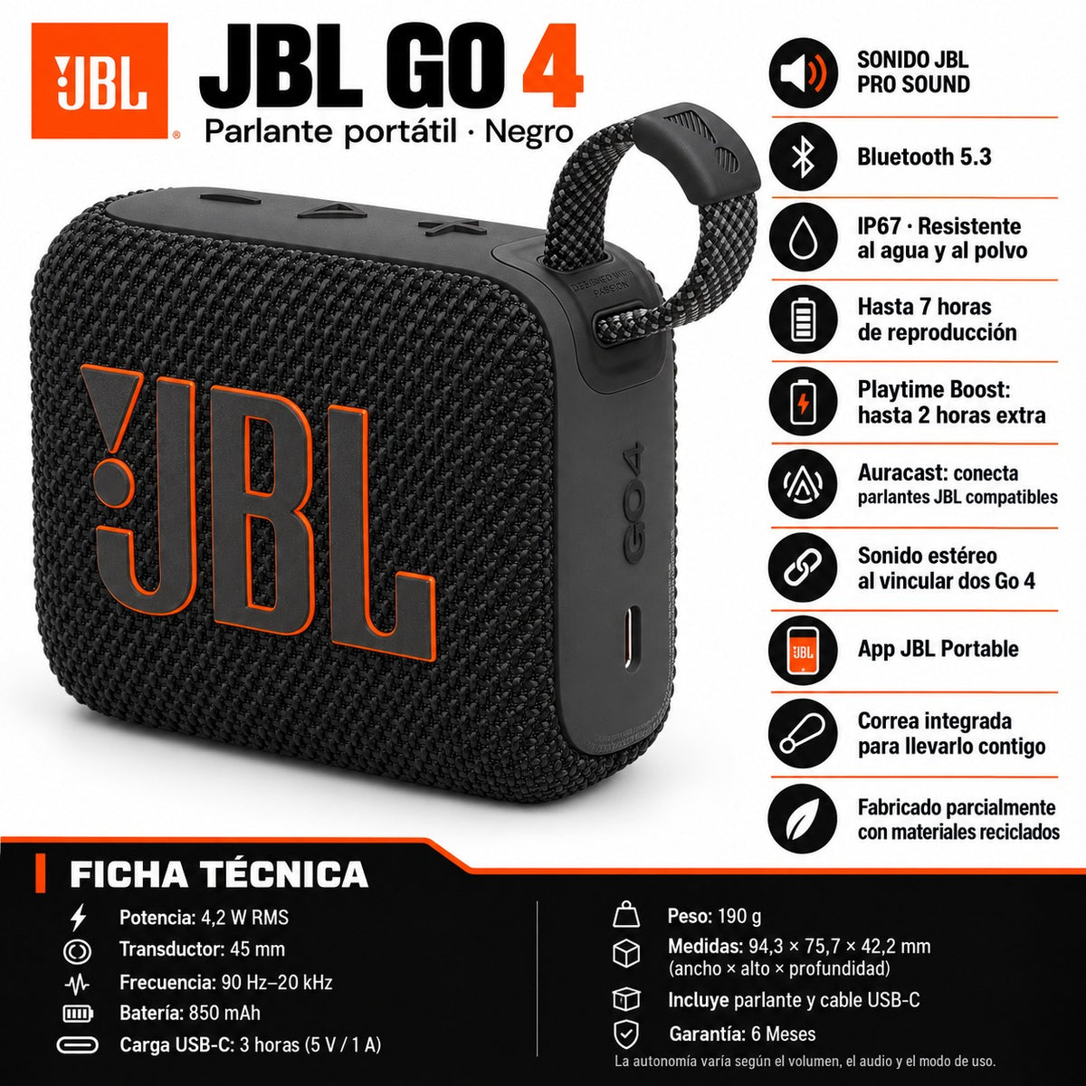 Parlante Portátil JBL GO 4 Black Bluetooth 5 Waterproof IP67