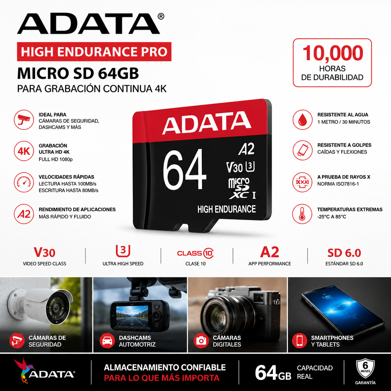 Memoria Micro SD Adata 64GB Clase 10 para 4K High Endurance