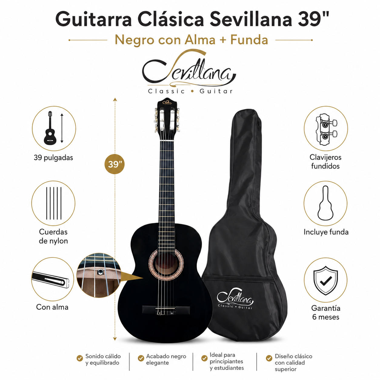 Guitarra Clásica Sevillana 39” Negro con Alma + Funda 8448