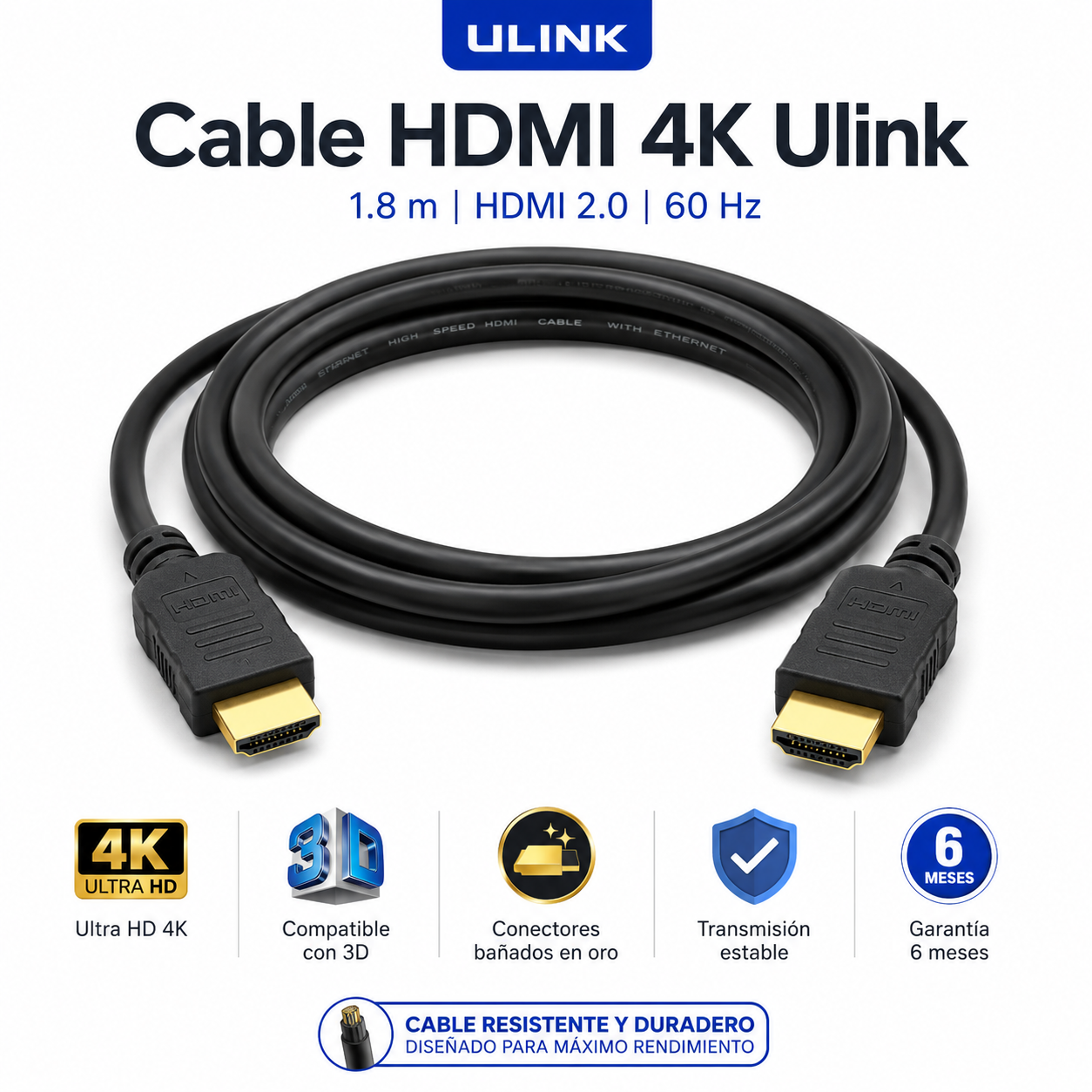 Cable HDMI 4K 1.8M Ultra HD Versión 2.0 3D HDTV Ulink 150163