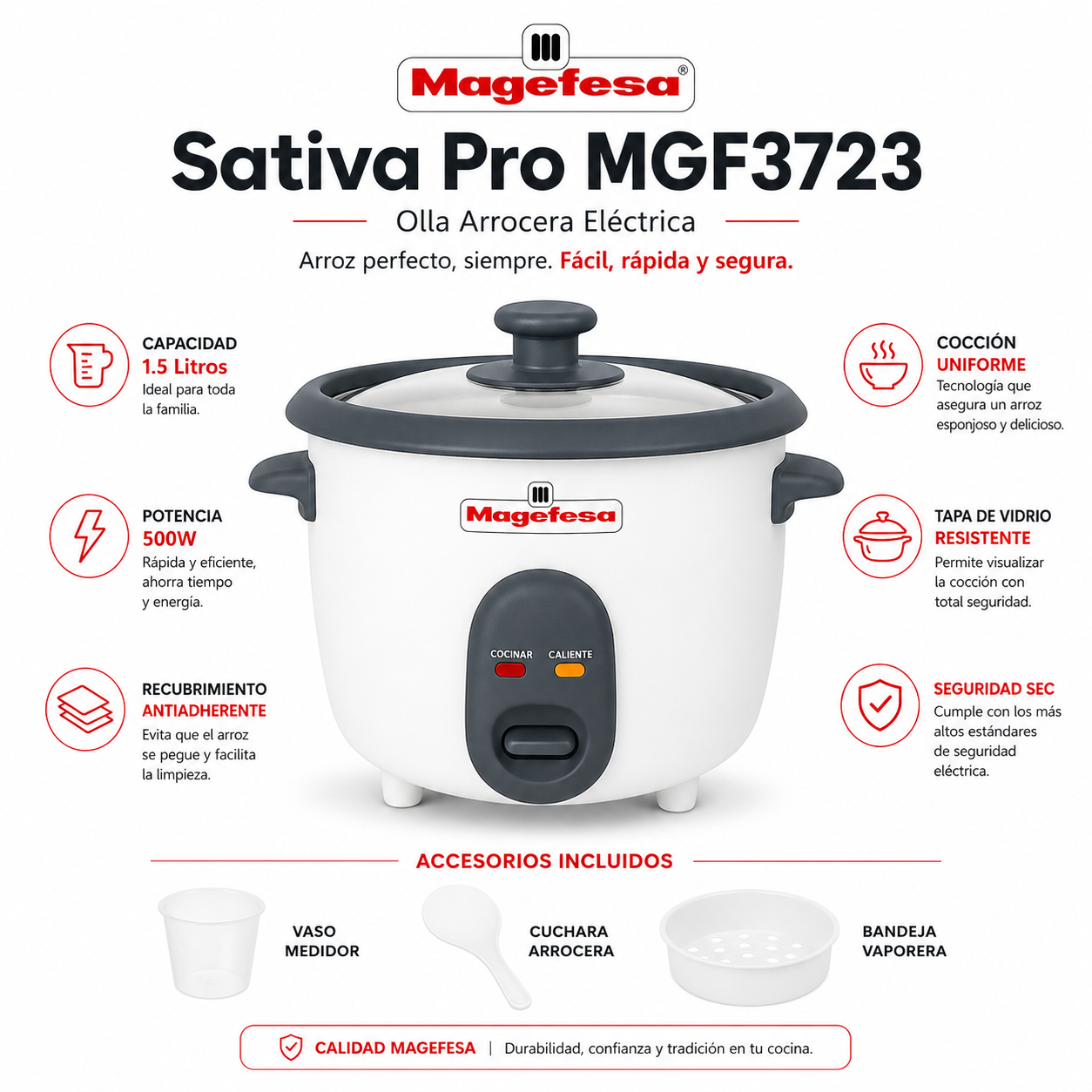 Olla Arrocera Eléctrica Magefesa 1.5L Sativa Pro MGF3723 WH
