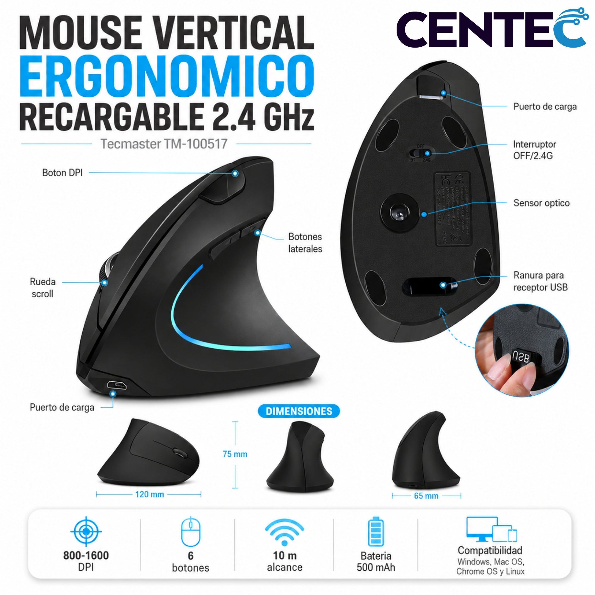 Mouse Vertical Inalámbrico Ergonómico Recargable 2.4 Ghz Pro