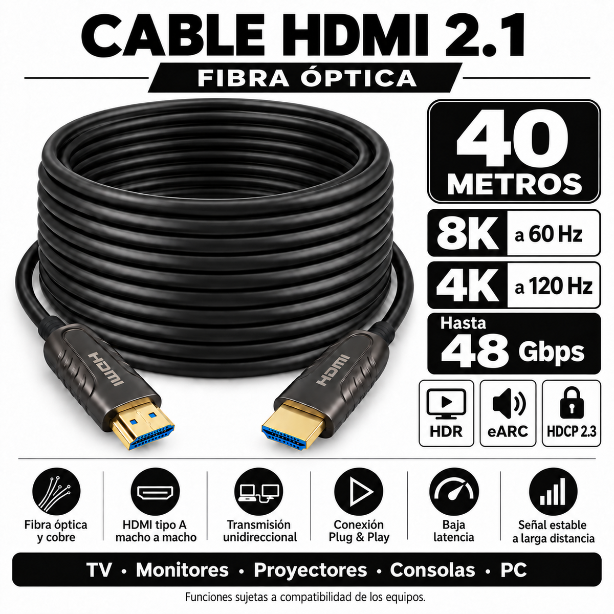 Cable HDMI 8K Profesional V2.1 de Fibra Óptica 40MT 48Gbps
