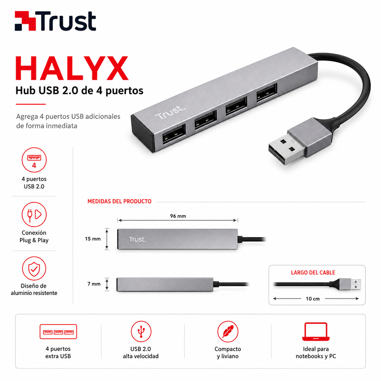 Hub Usb Trust Halyx 4 Puertos Usb 2.0 Flat Aluminium High Speed