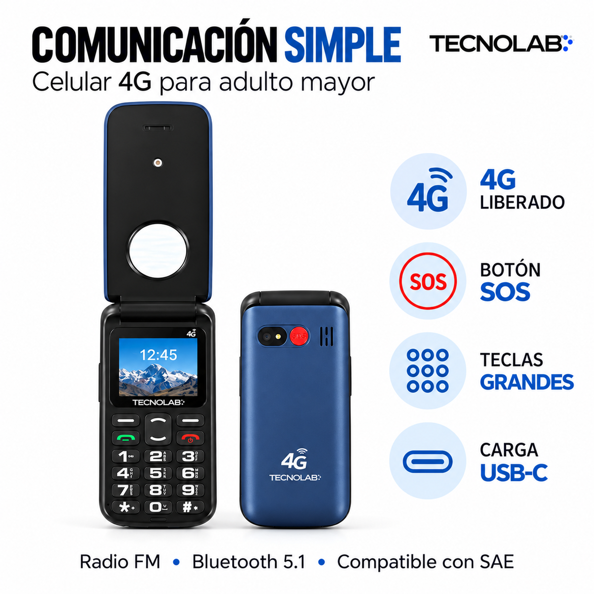 Celular Adulto Mayor 4G Tipo Almeja Liberado Botón SOS Azul
