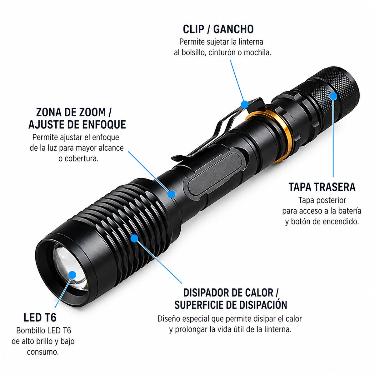 Linterna LED Profesional Multi Uso con Zoom High Power T6