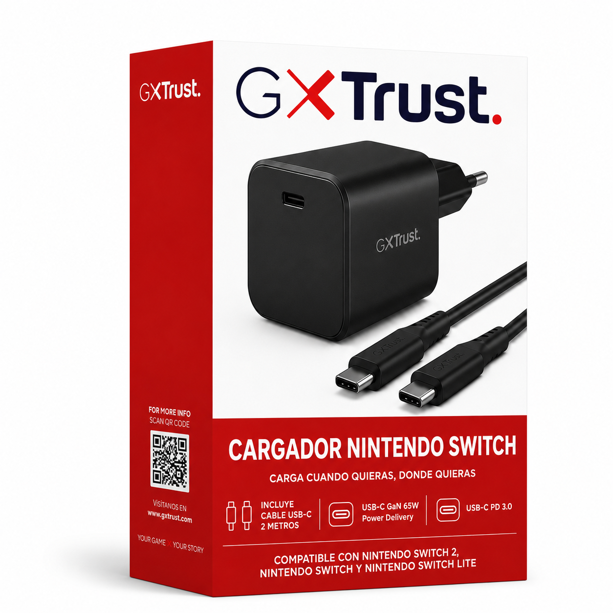 Cargador Trust para Nintendo Switch 65W PD + Cable USB-C 2M GXT 1258
