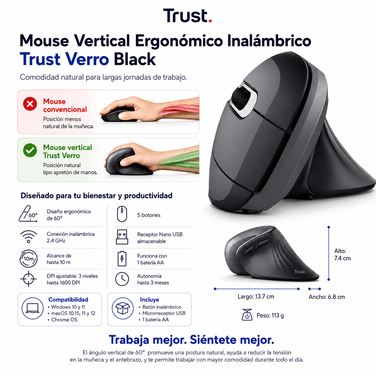 Mouse Vertical Inalámbrico Ergonómico Trust Verro Pro 2.4Ghz