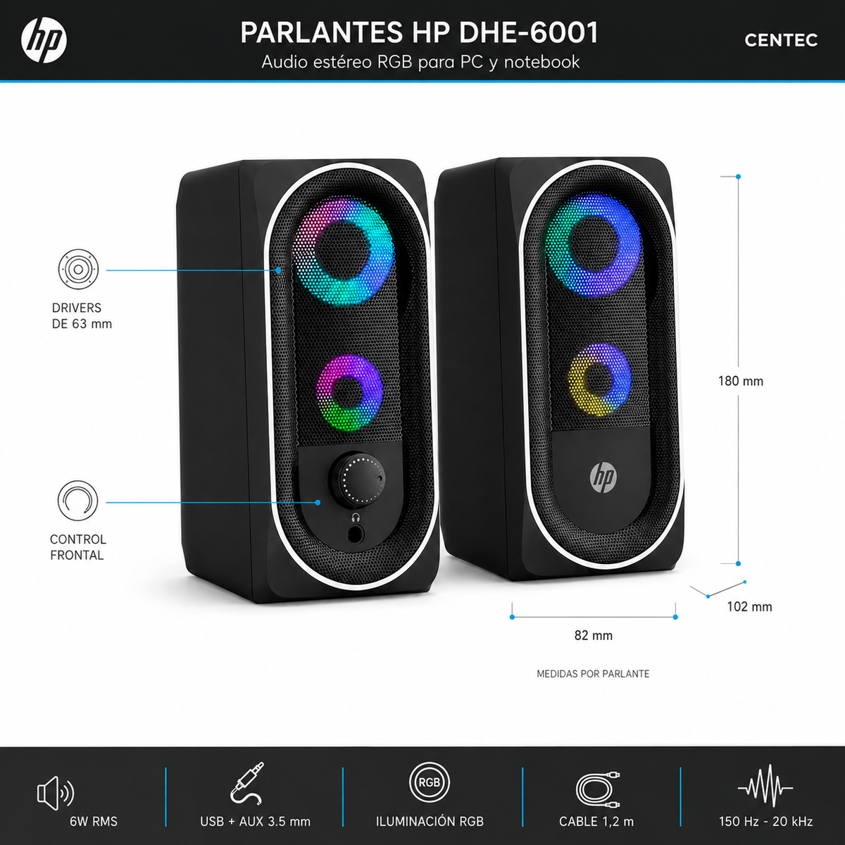 Parlante USB HP de 6W Estéreo con Iluminación Rgb DHE-6001
