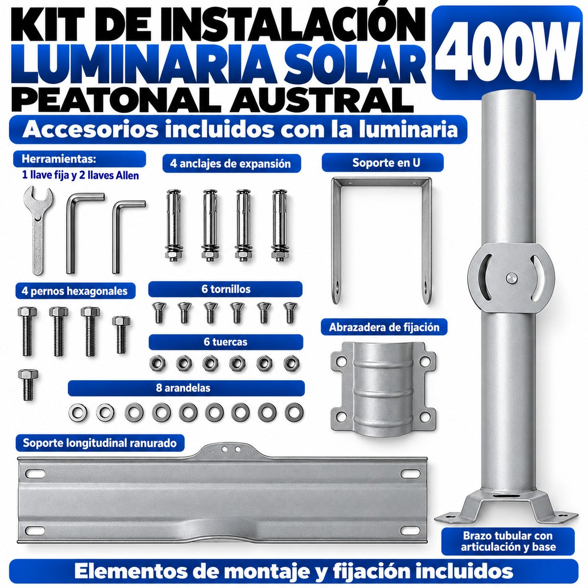 Luminaria Solar Peatonal Austral 400W con Panel de Alta Eficiencia