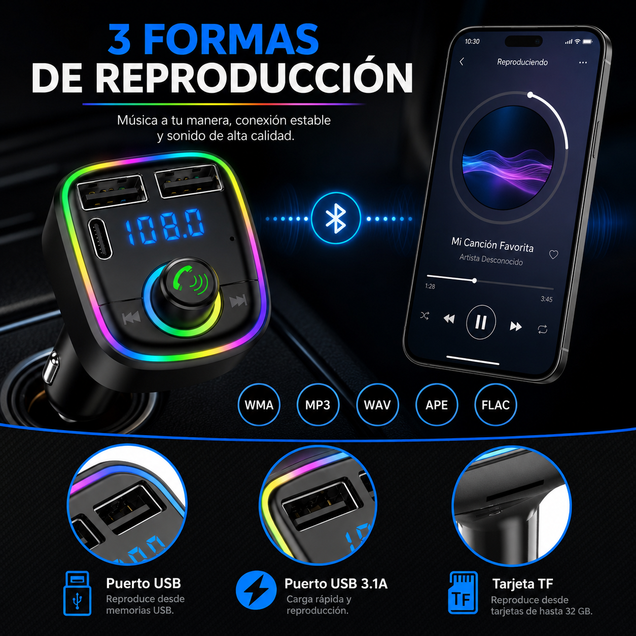 Transmisor FM Bluetooth + Puerto Quick Charge 20W 12/24V RGB