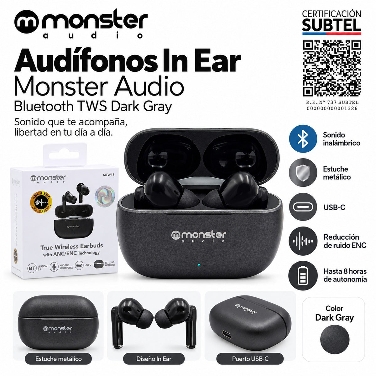 Audífonos In Ear Monster Audio Bluetooth TWS Black ANC + ENC