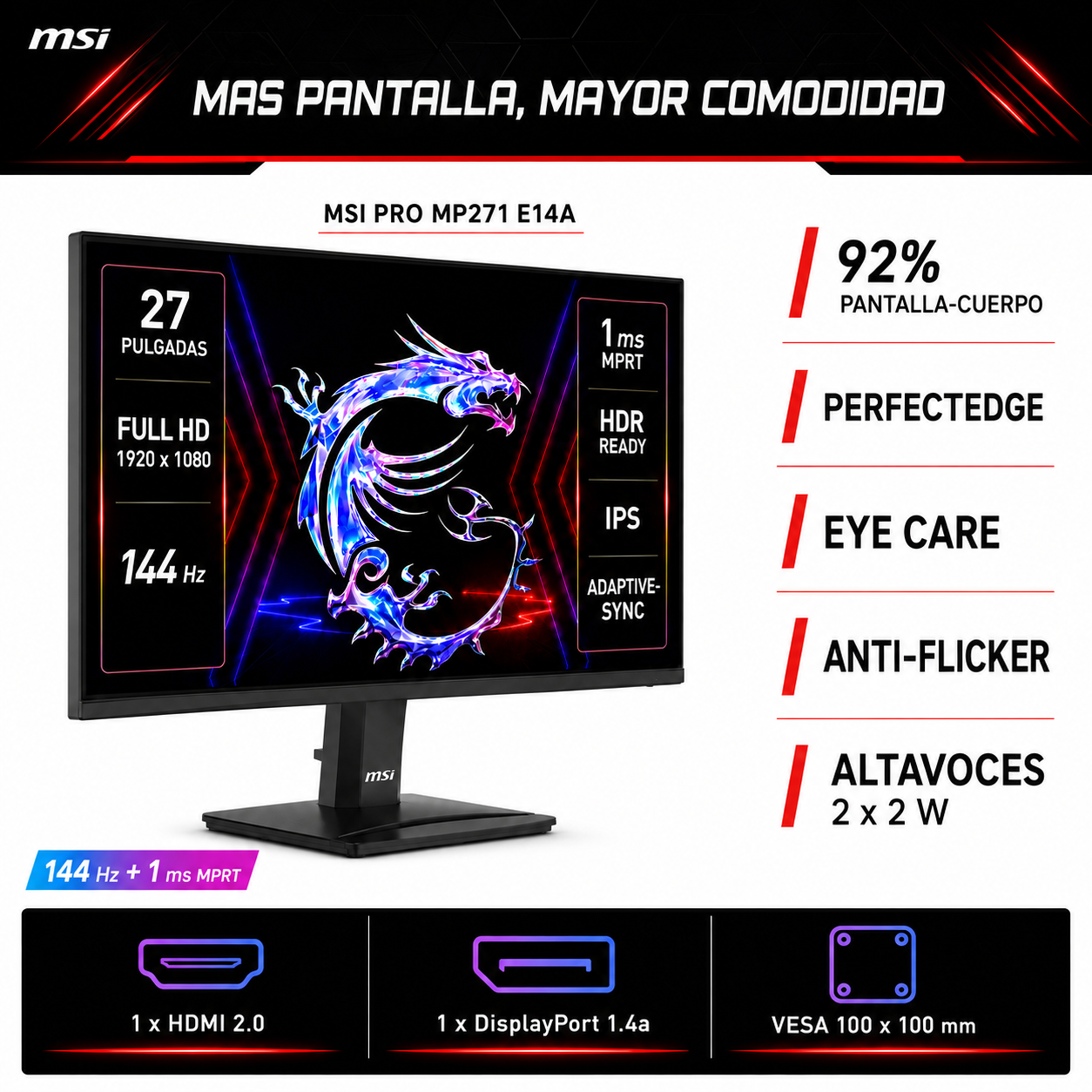 Monitor Gamer MSI PRO 27" Full HD 144HZ+ HDR Ultra Light IPS