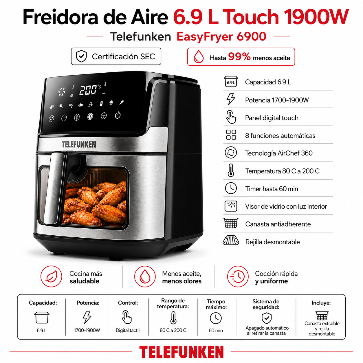 Freidora de Aire 6.9LT Airchef EasyFryer 6900 Touch 1900W