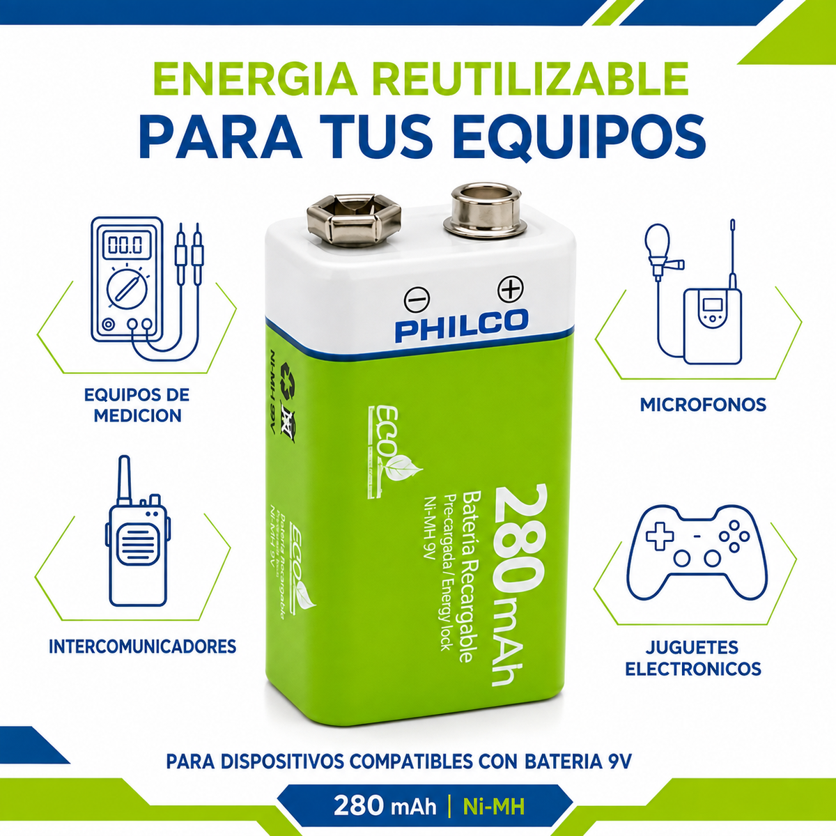 Batería 9V Recargable 280 mAH – Philco Eco Friendly Edition