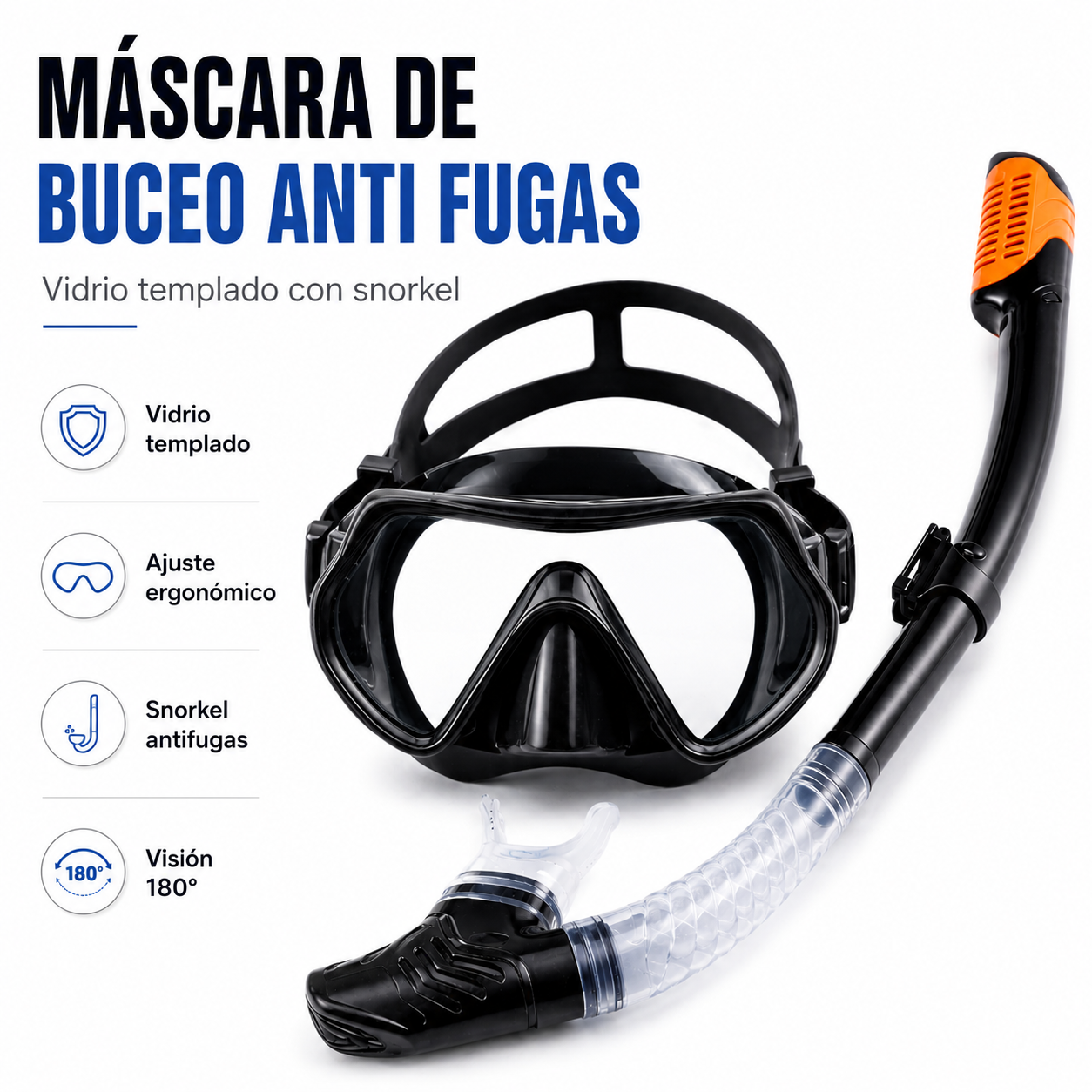 Mascara de Buceo Anti Fugas de Vidrio Templado con Snorkel