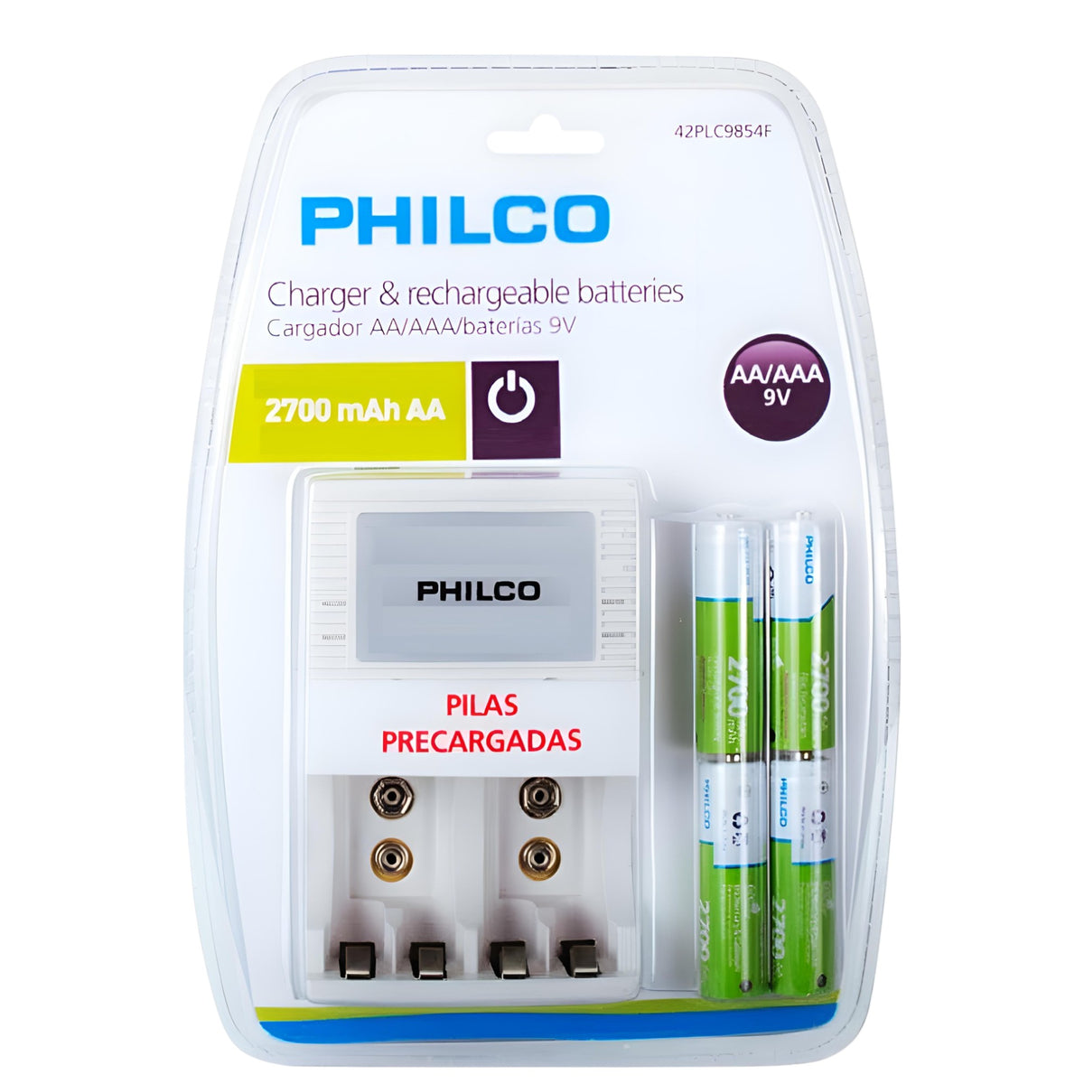 Cargador De Pilas + 4 Pilas AA 2700 mAh Pre Cargadas Philco