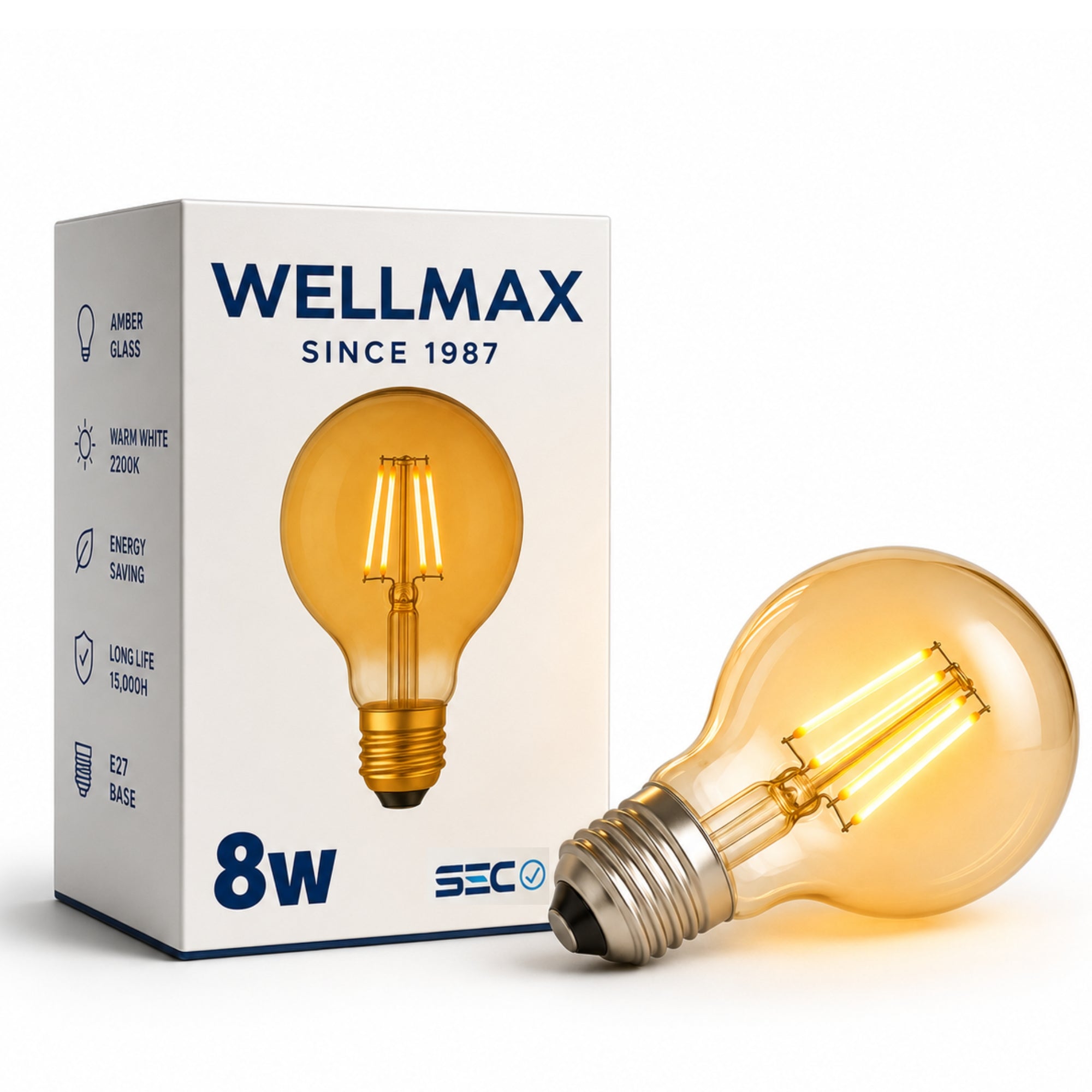 Ampolleta LED Filament Deco Globo Wellmax E27 Calida 8W G95