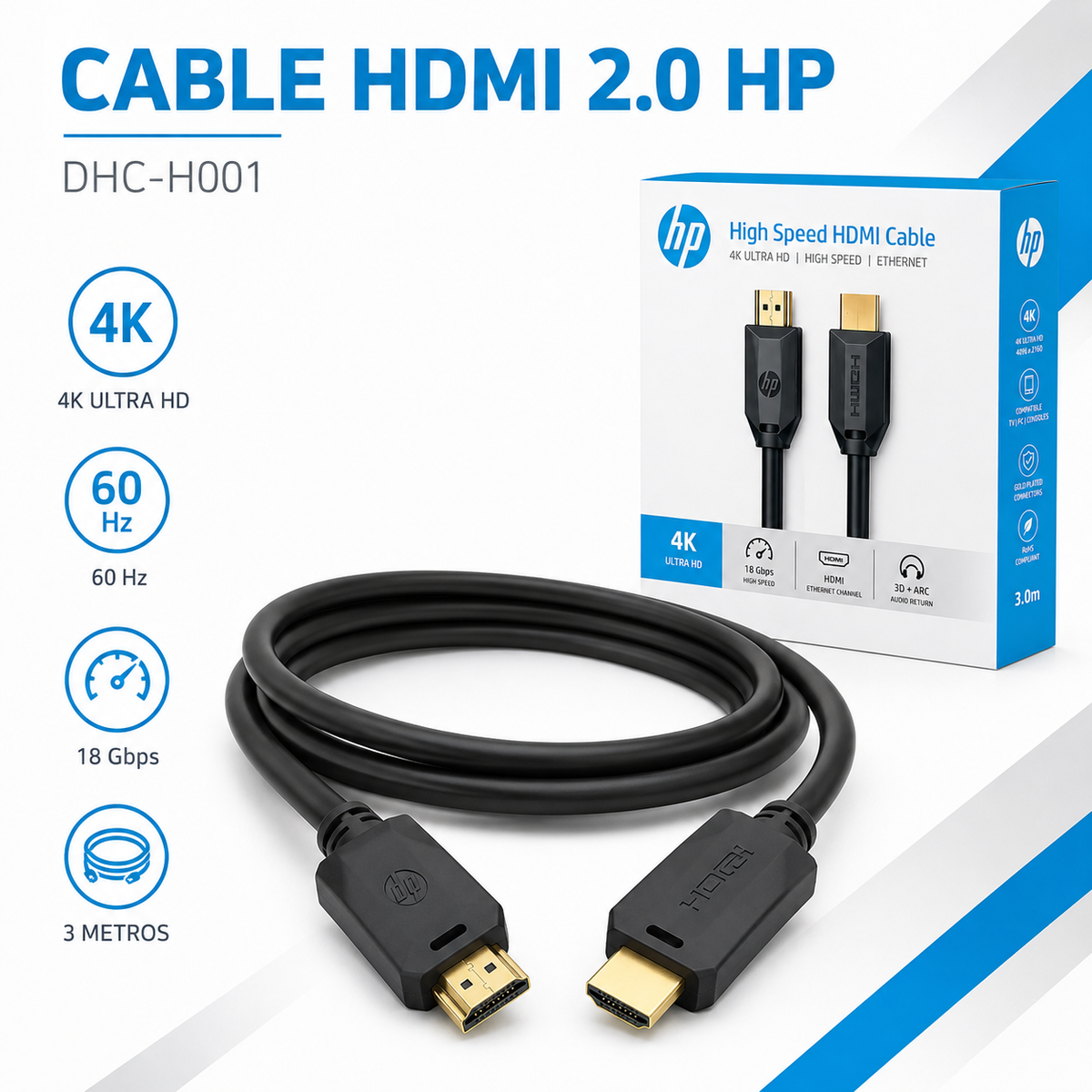 Cable HDMI 2.0 HP 4K High Speed 18 Gbps 3 Metros DHC-H001