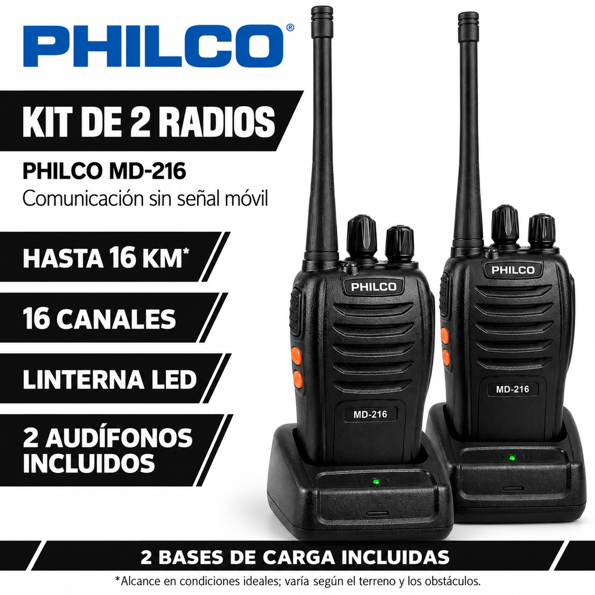 KIT de 2 Radio Transmisores Philco Walkie Talkie 16KM MD-216