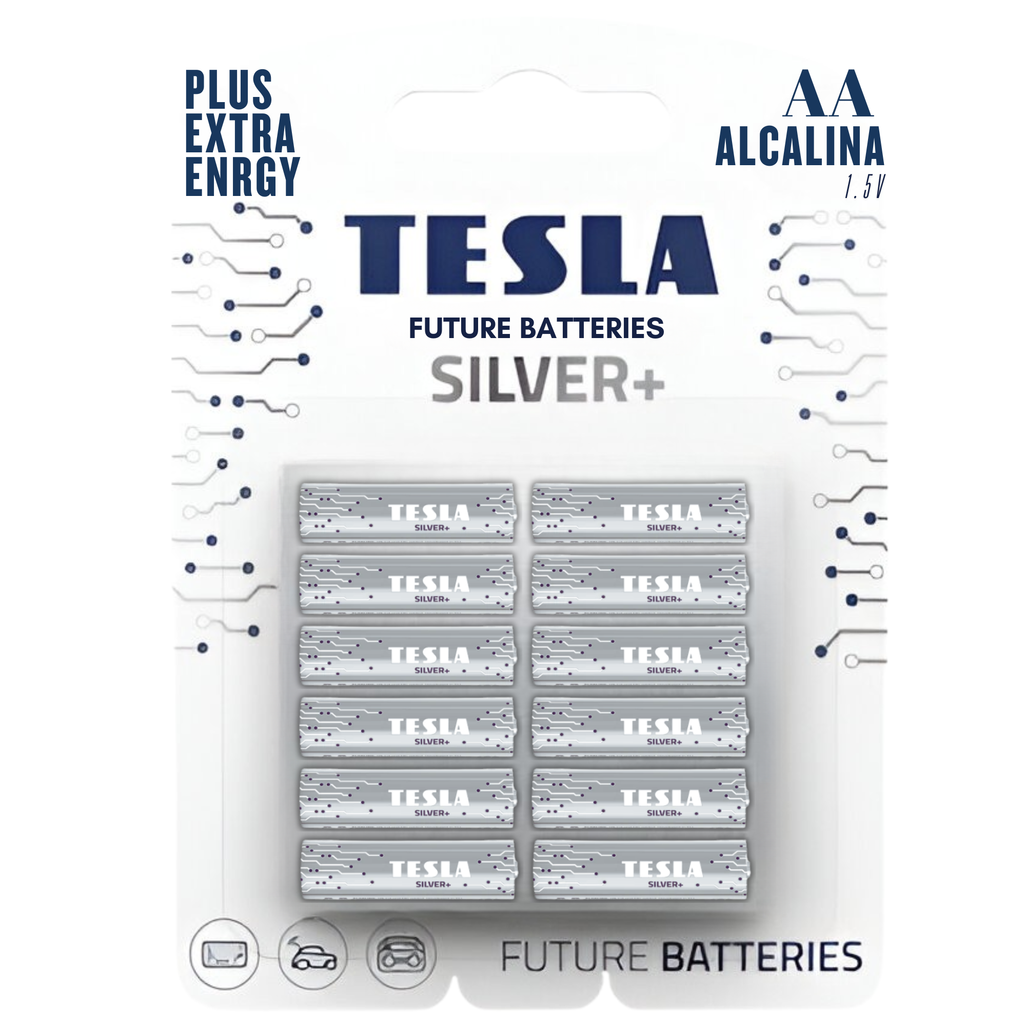 Pack 12 Pilas AA Tesla Silver+ Alkaline Plus Extra Energy