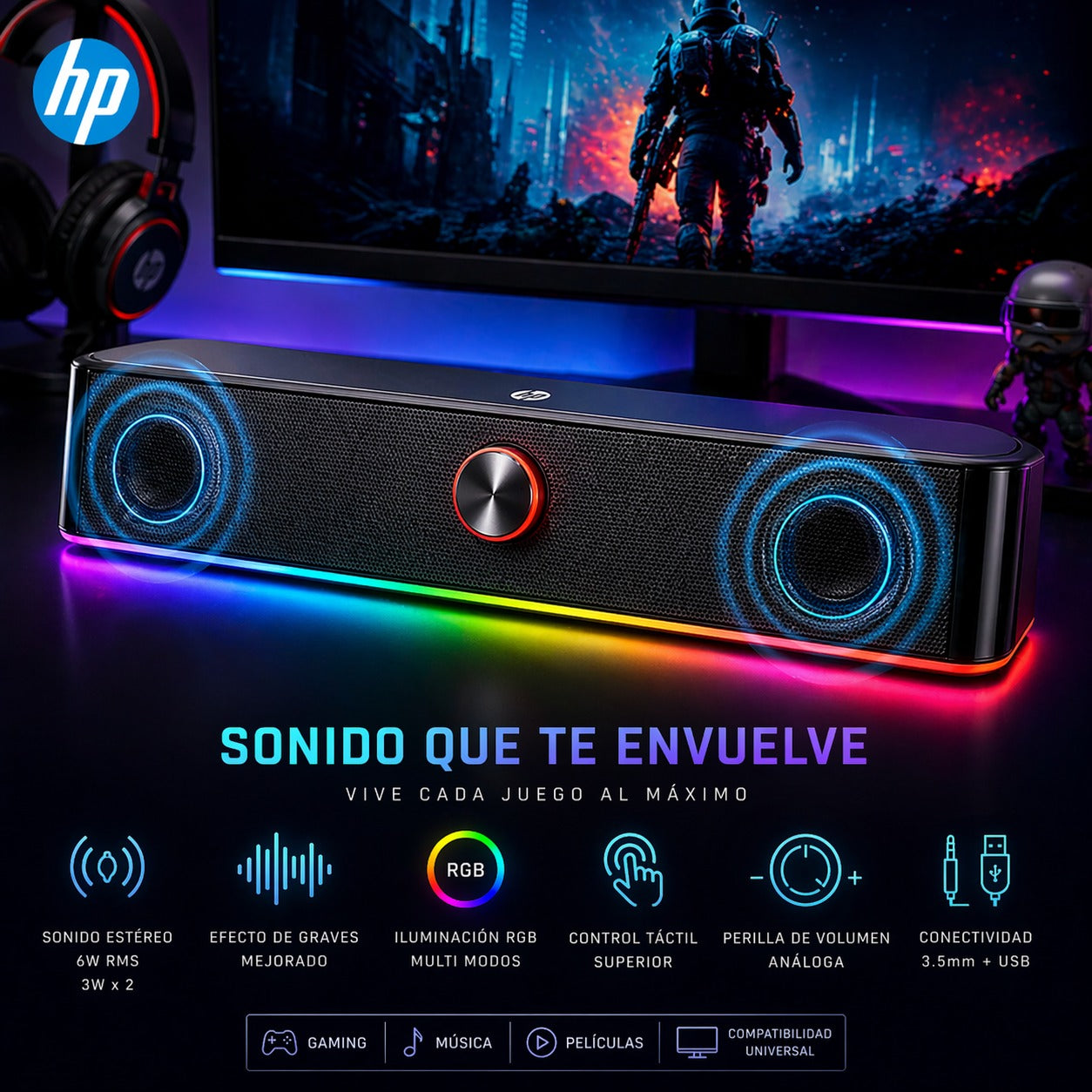 Soundbar HP Multimedia Stereo con Luces Rgb 6 Watts DHE-6003