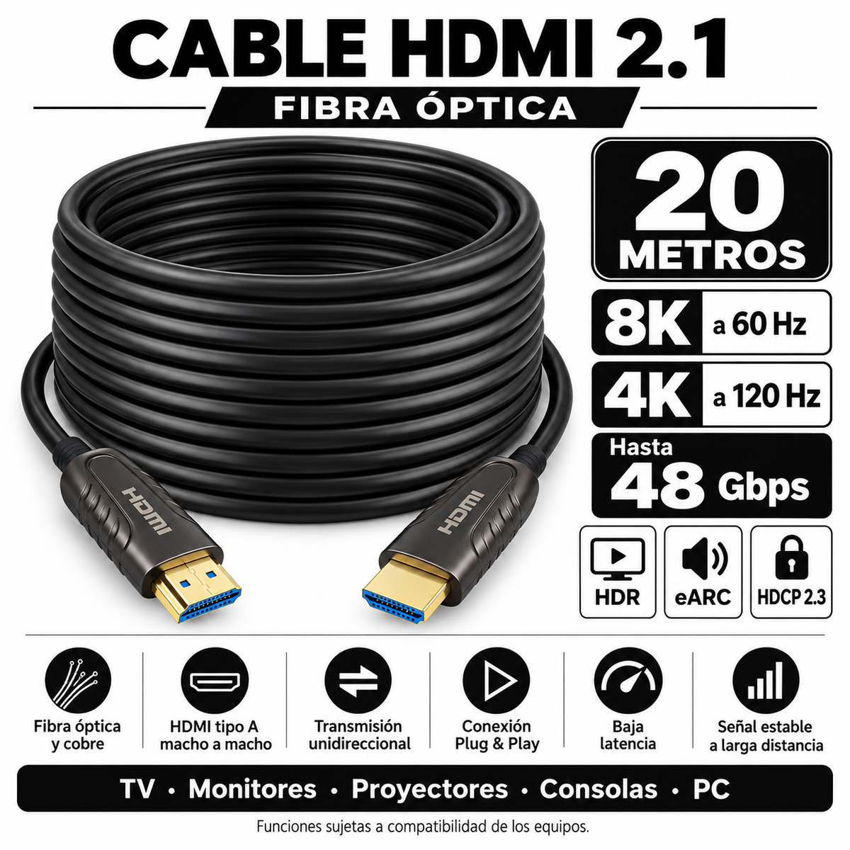 Cable HDMI 8K Profesional V2.1 de Fibra Óptica 20MT 48Gbps