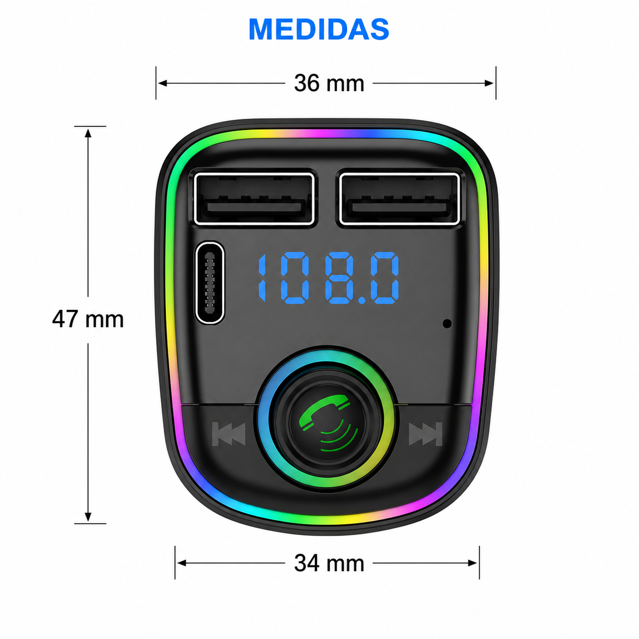 Transmisor FM Bluetooth + Puerto Quick Charge 20W 12/24V RGB