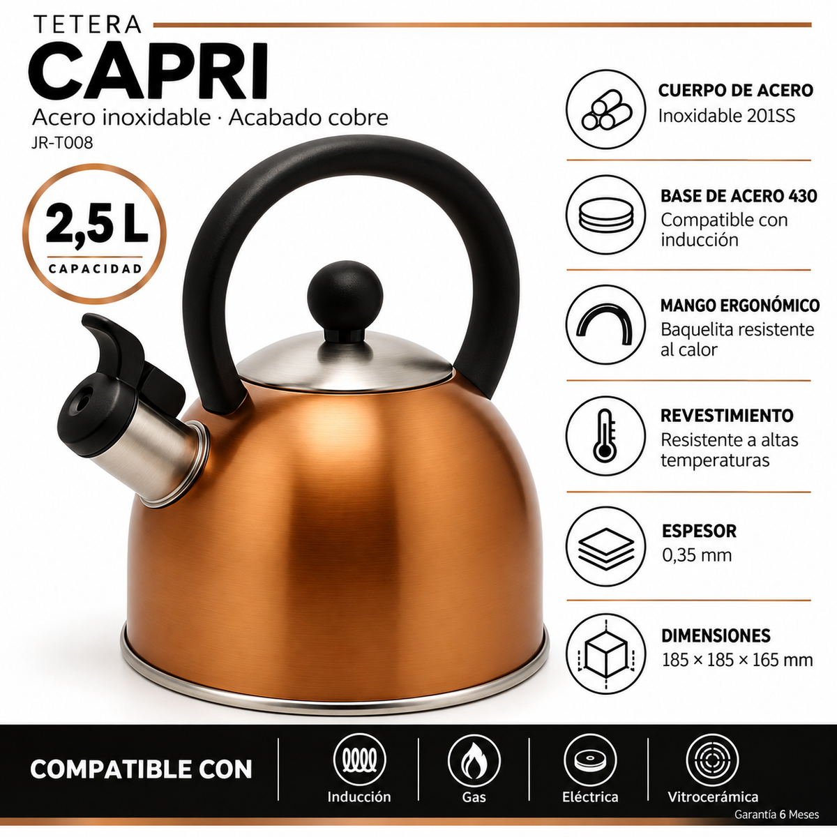 Tetera de Acero Inoxidable 2.5 LT Capri (for all Kitchens)