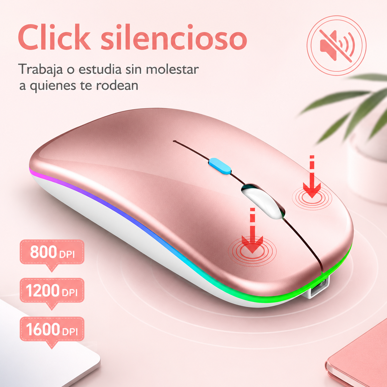 Mouse Dual Inalámbrico Rosado Recargable Bluetooth + USB 2G