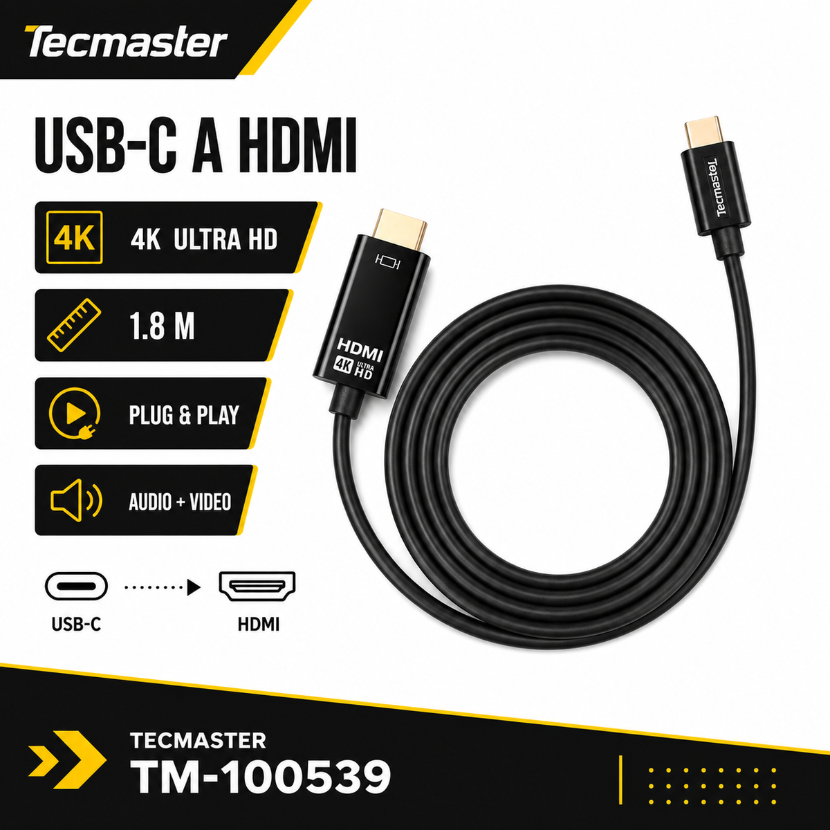 Cable HDMI Type-C 4K UHD 1.8M Tecmaster TM-100539 High Speed