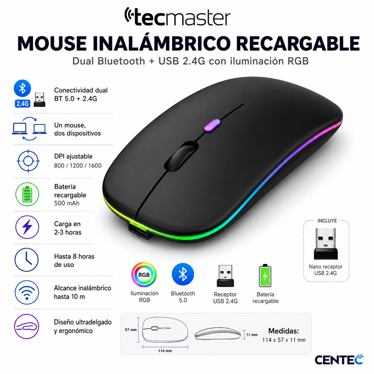 Mouse Inalámbrico Dual Bluetooth + USB 2G Recargable RGB BK