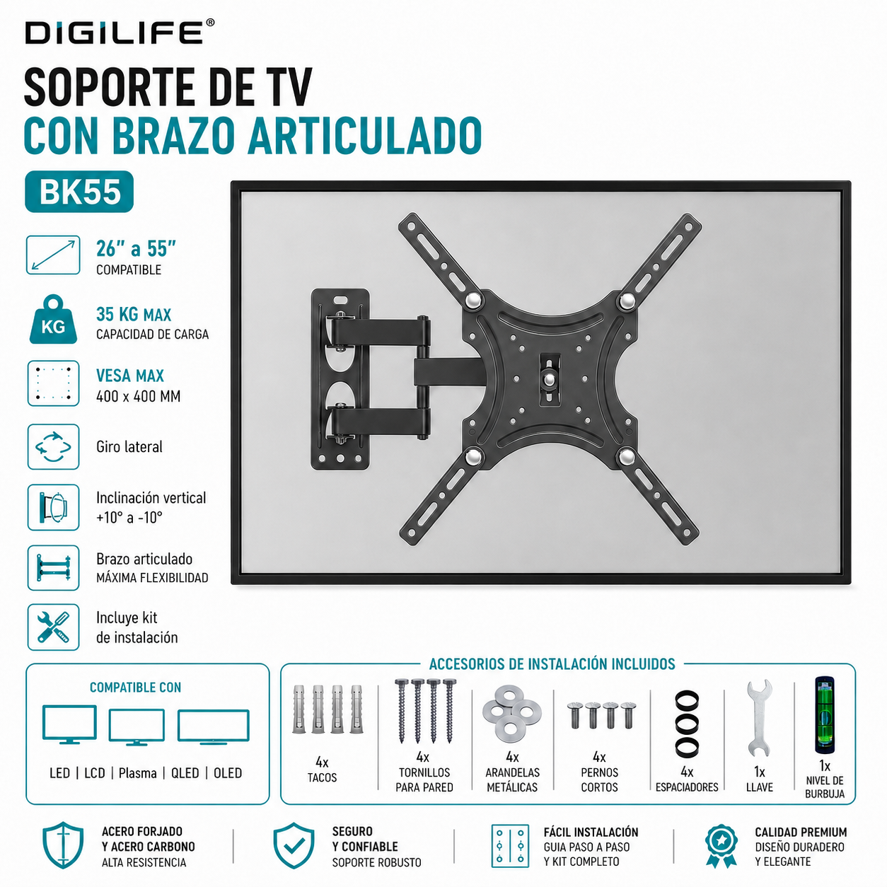 Soporte de TV con Brazo Articulado 26 a 55 / 35KG Max / BK55