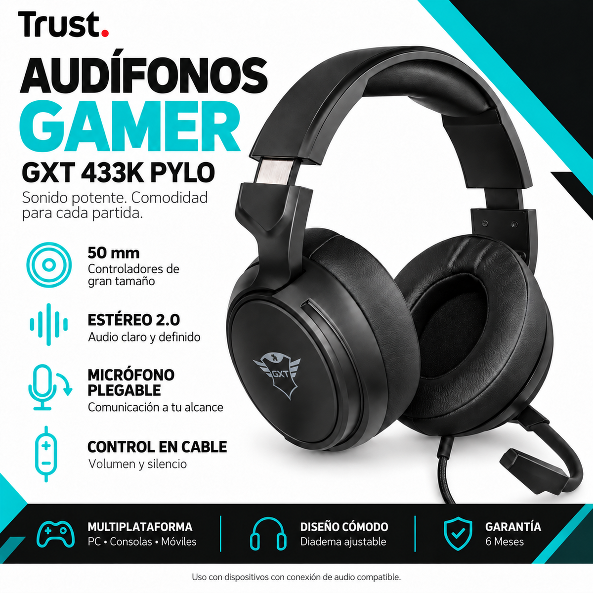 Audifonos Gamer Trust Pylo Gxt 433K Black Multiplataformas