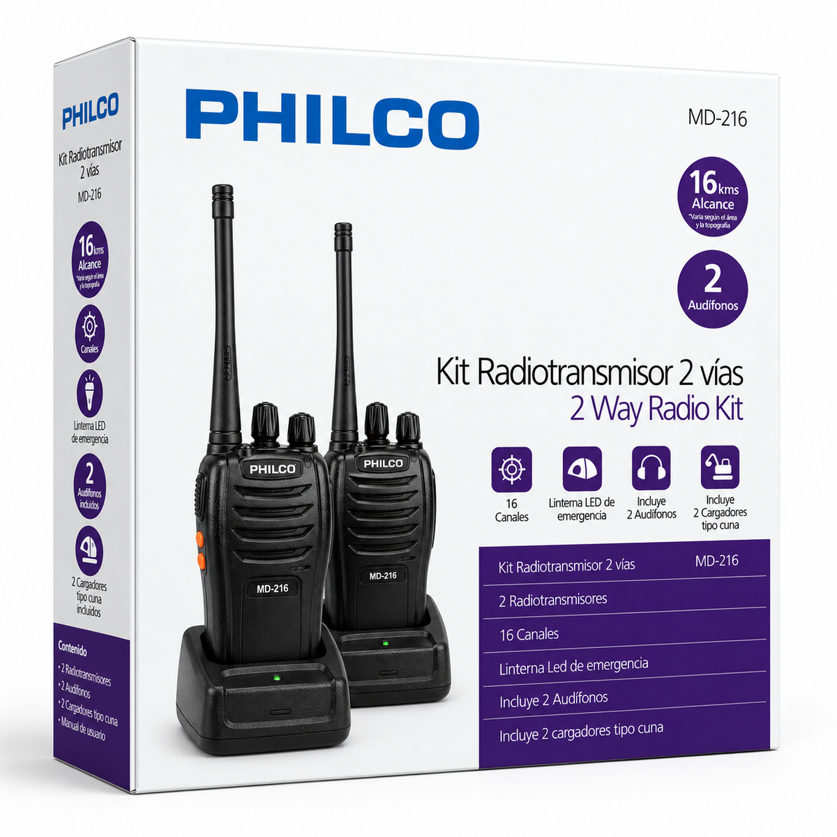 KIT de 2 Radio Transmisores Philco Walkie Talkie 16KM MD-216