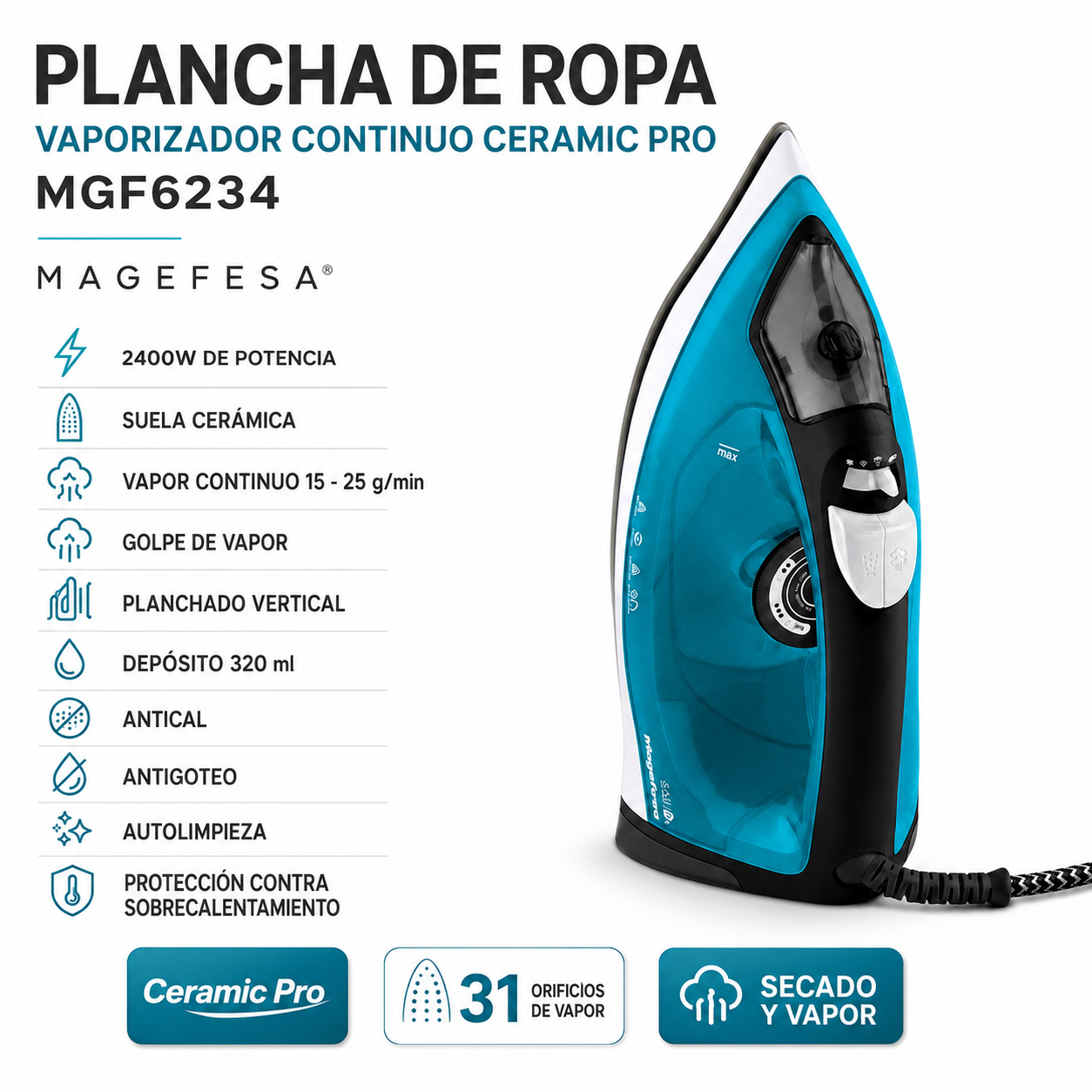 Plancha de Ropa con Vaporizador Continuo Ceramic Pro MGF6234